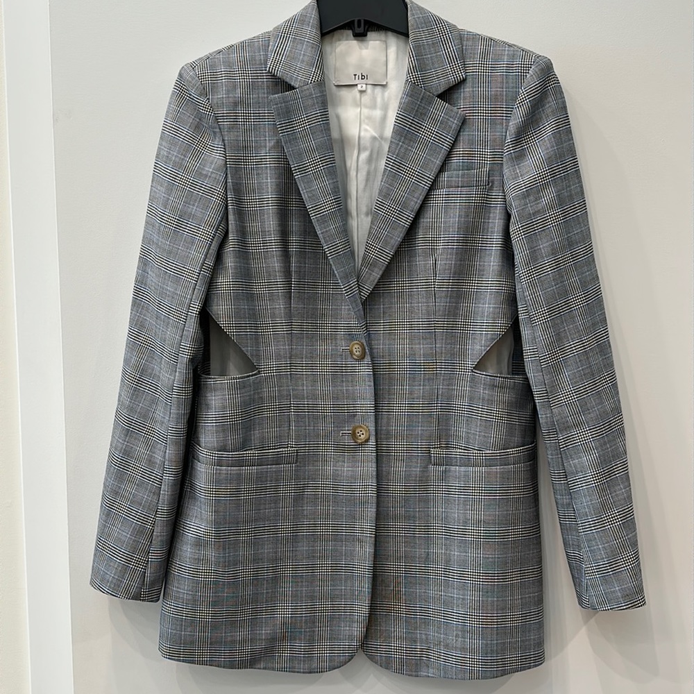 Tibi Grey Cooper Plaided Wool & Silk Cutout Detail Blazer size 2 designer